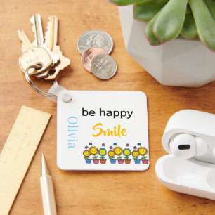 Aluminum Square Keychain Be Happy Smile Sunflowers