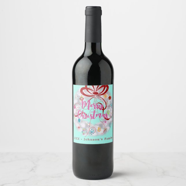 Aluminum Wreath Retro Christmas Wine Label (Front)