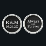 Always and Forever Wedding Black Monogram Groom Cufflinks<br><div class="desc">Personalized wedding cufflink design for the groom features a monogram of the couple's initials and wedding date with "Always and Forever" wording.  Black background and white text colours can be modified to coordinate with any wedding colour scheme.</div>