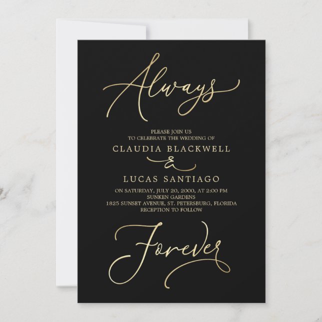 Always Forever Black Gold Wedding Invitation (Front)