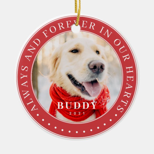 Always & Forever in our Hearts Memorial Pet Photo Ceramic Ornament (Front)
