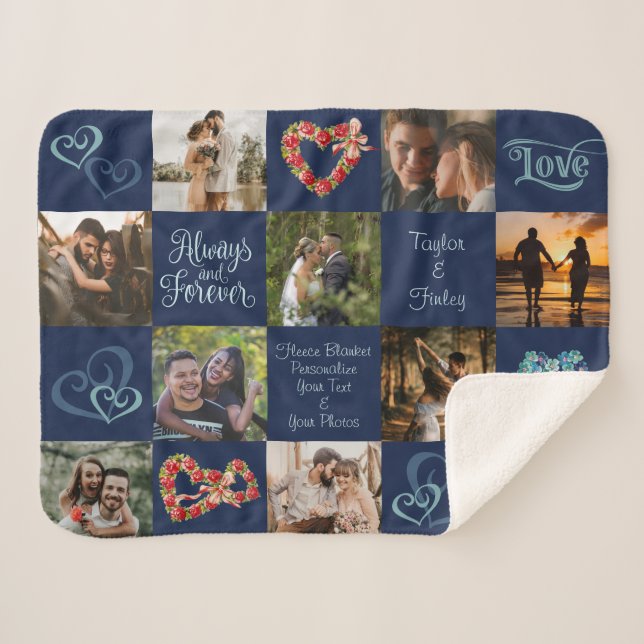 Always & Forever Romantic Heart Navy Custom Photo Sherpa Blanket (Front (Horizontal))