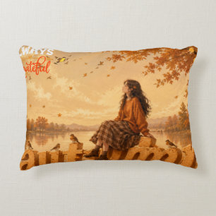 Always Grateful Autumn Girl Sitting on Autumn Accent Pillow