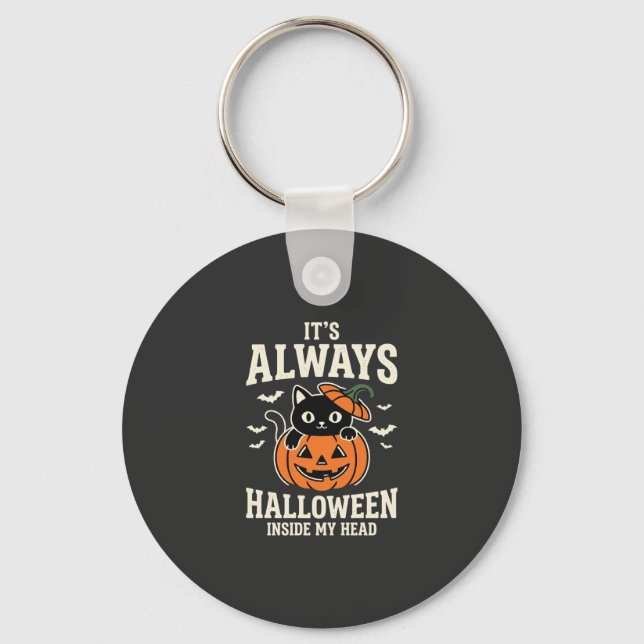 Always Halloween Black Cat Pumpkin Design Keychain (Front)