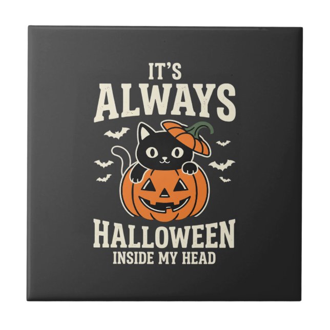 Always Halloween Black Cat Pumpkin Design Tile (Front)