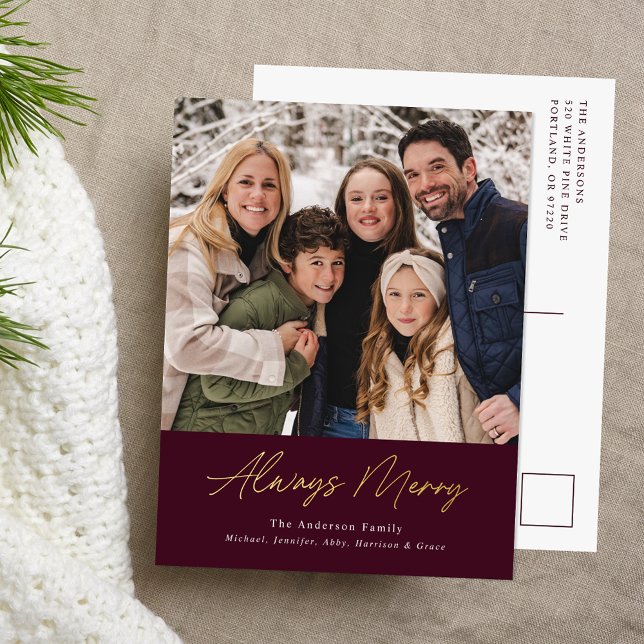 Always Merry Wine Minimalist Photo Foil Holiday Postcard (Creator Uploaded)