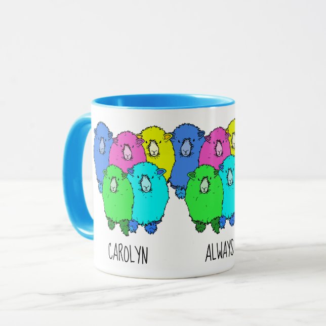 Always ready to knit coloured sheep personalised mug (Front Left)