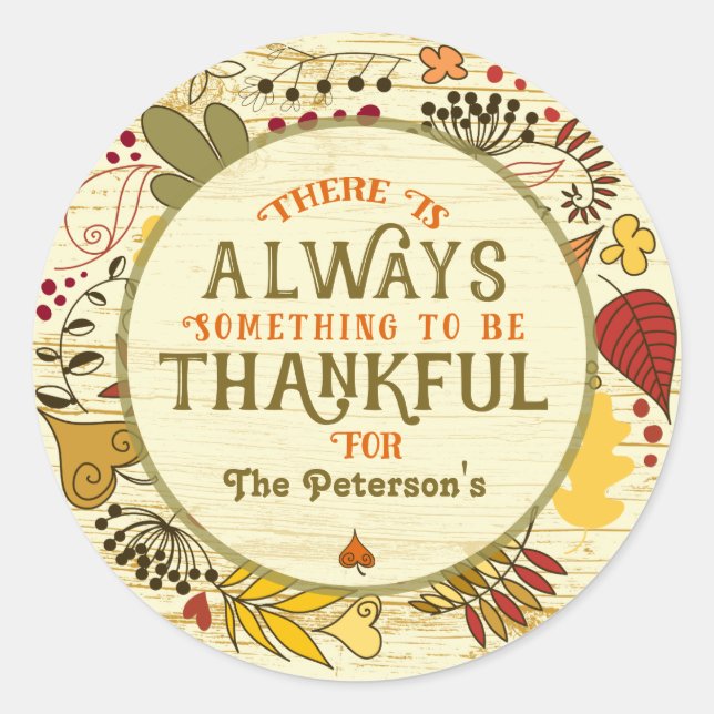 Always Thankful Autumn Leafs On Rustic Wood Classic Round Sticker (Front)