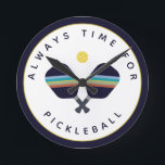 Always Time for Pickleball Paddles Blue Yellow Round Clock<br><div class="desc">The pickleball player or fan in your life will love this clock featuring striped blue, teal, rust and yellow pickleball paddles and the phrase "Always Time For Pickleball." Part of a collection from Parcel Studios.</div>