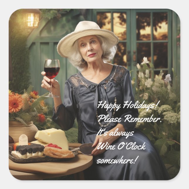 Always time for wine Happy Holidays Lady Square Sticker (Front)