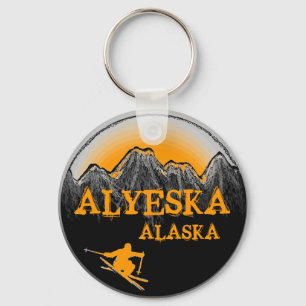 Alyeska Alaska orange skier keychain