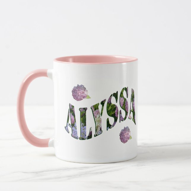Alyssa, Name Logo Made With Hydrangeas, Mug (Left)