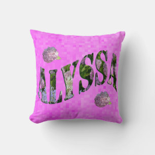 Alyssa Name Logo Made With Hydrangeas, Throw Pillow