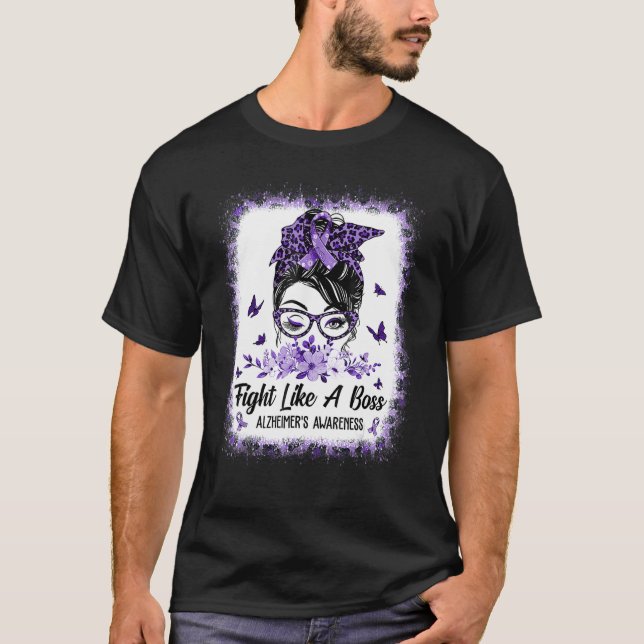 Alzheimer Awareness Messy Bun Girl Leopard T-Shirt (Front)