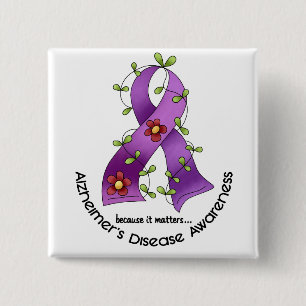 ALZHEIMER’S DISEASE AWARENESS Flower Ribbon 1 2 Inch Square Button