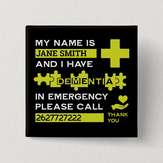  Alzheimer's Disease Alert 2 Inch Square Button (Front)