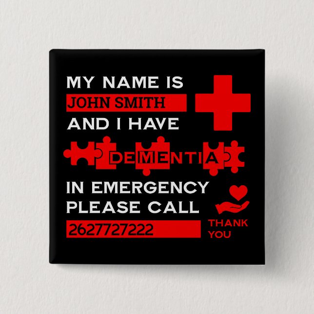  Alzheimer's Disease Alert 2 Inch Square Button (Front)