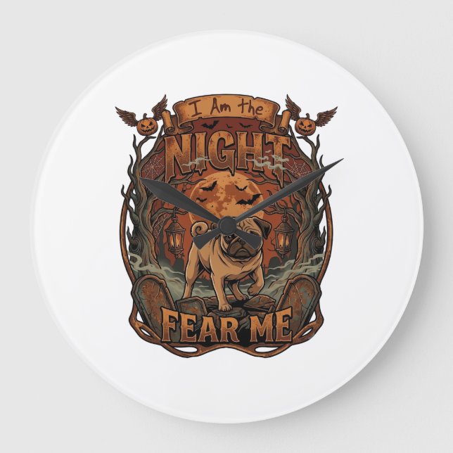Am Night Fear Me Pug Halloween Moon_1 Large Clock (Front)