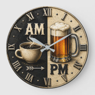 AM PM Beer Funny Coffee Man Cave Pub Decor Large Clock