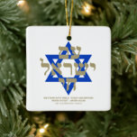 Am Yisrael Chai hebrew typography gold blue text Ceramic Ornament<br><div class="desc">Am Yisrael Chai hebrew text with faux gold personalized custom text and blue Star of David on white background on one side of ornament. Israel flag on the other side of ornament. Available in many shapes and materials. Am Yisrael Chai, The people of Israel live, the nation of Israel lives...</div>