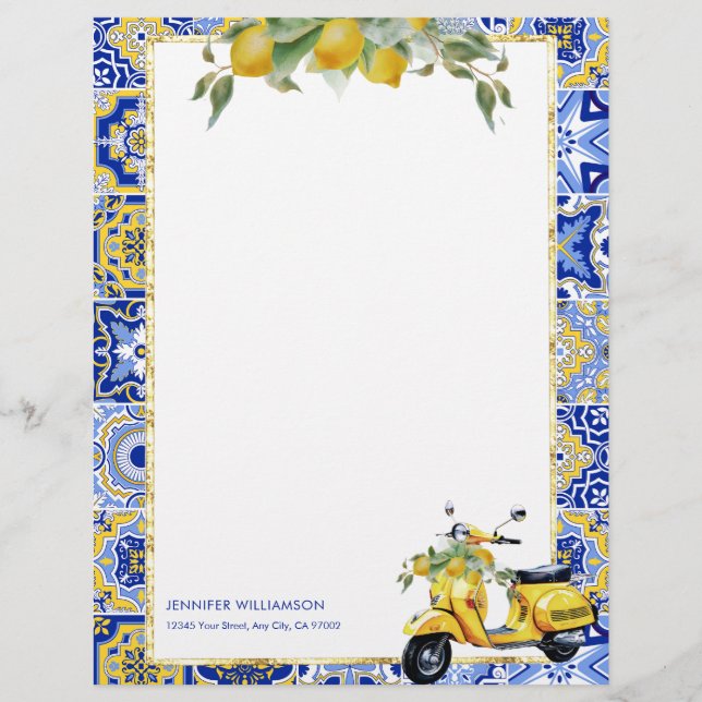 Amalfi Blue Tile Italian Scooter Lemons Capri Letterhead (Front)