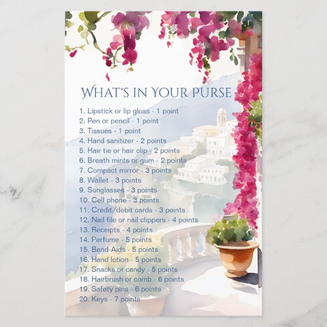 Amalfi bridal shower games whats in your purse (Front)