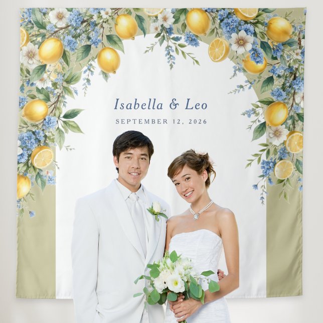 Amalfi Citrus Lemons Personalized Wedding Backdrop Tapestry (A wedding backdrop with Amalfi lemons arch design, with newlyweds' names and wedding date)