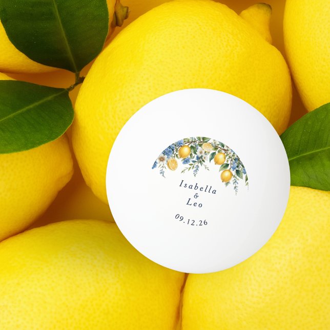 Amalfi Citrus Lemons Wedding Favour Personalized Ping Pong Ball (A ping-pong ball favor with Amalfi lemons design, personalized with couple's names and wedding date)
