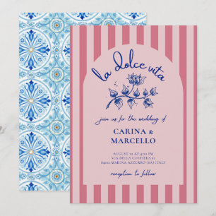 Amalfi Coast Amore Bougainvillea Stripe Wedding Invitation