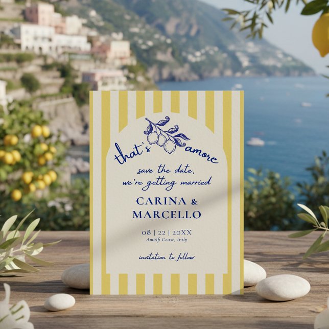 Amalfi Coast Amore Lemon Stripe Wedding Save The Date (Creator Uploaded)