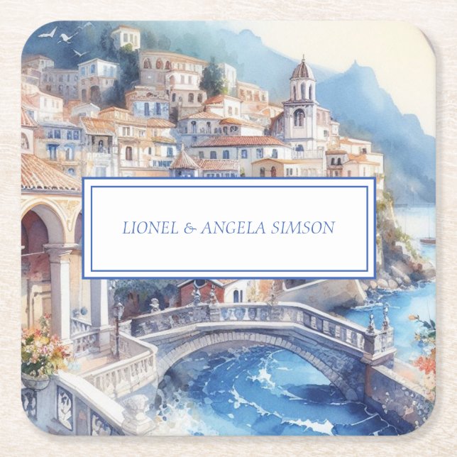 Amalfi Coast Blue Tiles Italy Personalized Photo Square Paper Coaster (Front)