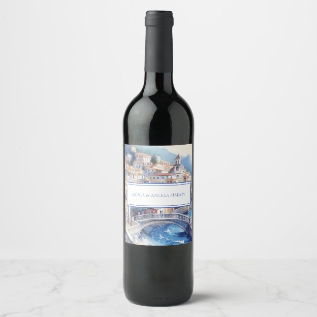 Amalfi Coast Blue Tiles Italy Personalized Photo Wine Label (Front)