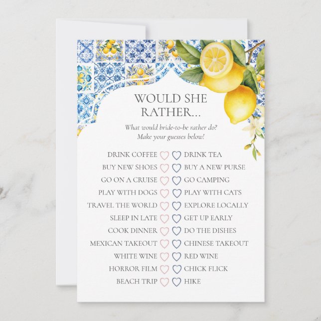 Amalfi Coast Bridal Shower Would She Rather Game Invitation (Front)