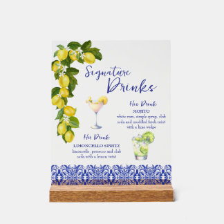 Amalfi Coast I Italian Lemon & Blue Tile Drinks Acrylic Sign