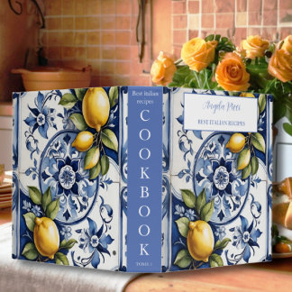 Amalfi Coast Italian Blue Tiles Lemon Cookbook Binder