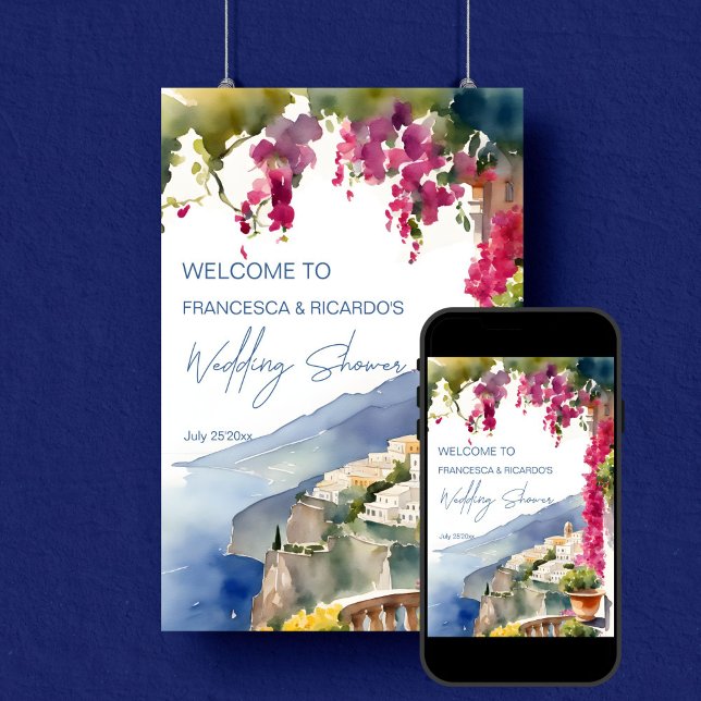 Amalfi coast Italian wedding shower welcome Poster (Amalfi coast Italian wedding couples shower welcome Poster editable template digital download)