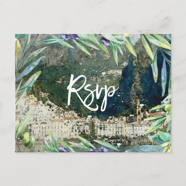 amalfi coast, italy olives wedding rsvp postcard (Front)