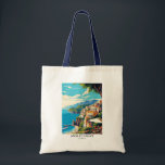 Amalfi Coast Italy Retro Travel Vintage Style  Tote Bag<br><div class="desc">Carry a piece of Italian paradise wherever you go with this stunning Amalfi Coast retro travel tote bag! Featuring our enchanting illustration, this versatile tote bag captures the iconic charm of Italy's most breathtaking coastline. From the vibrant, pastel-coloured buildings of Positano clinging to dramatic cliffs to the historic allure of...</div>