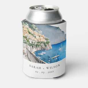 Amalfi Coast Italy Watercolor Landscape Wedding Can Cooler