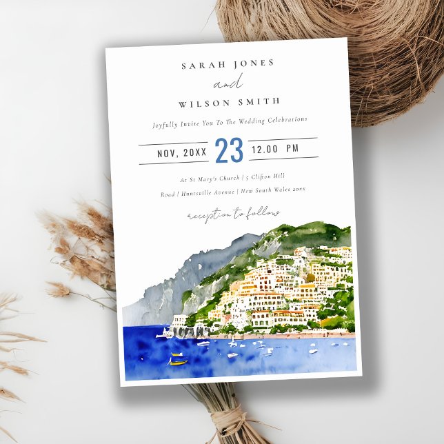 Amalfi Coast Italy Watercolor Landscape Wedding Invitation (Creator Uploaded)