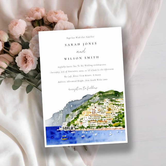 Amalfi Coast Italy Watercolor Landscape Wedding Invitation (Creator Uploaded)
