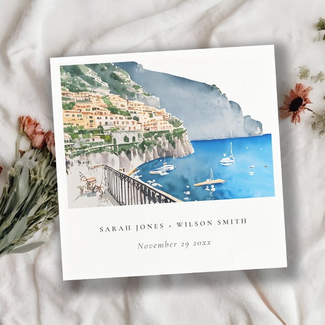 Amalfi Coast Italy Watercolor Landscape Wedding Napkin (Creator Uploaded)