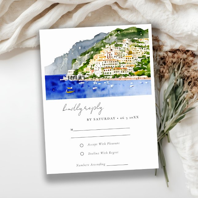 Amalfi Coast Italy Watercolor Landscape Wedding RSVP Card (Creator Uploaded)