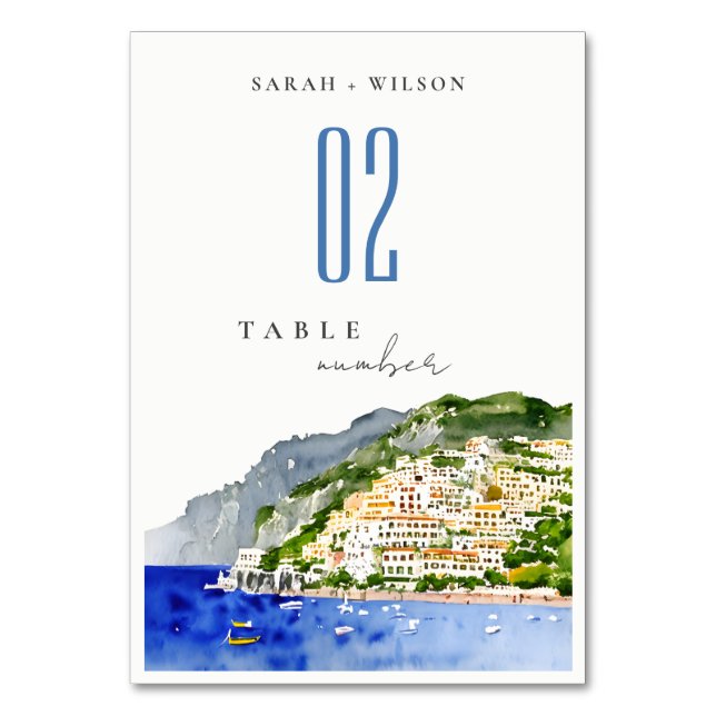 Amalfi Coast Italy Watercolor Landscape Wedding Table Number (Front)