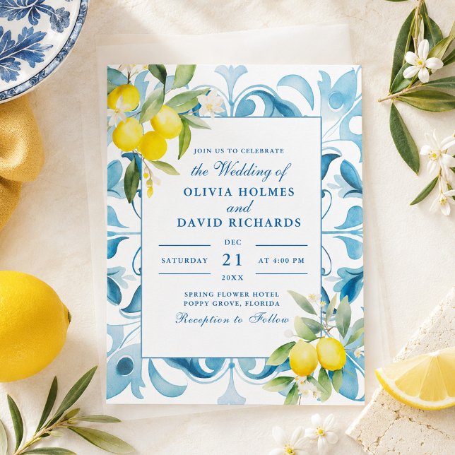 Amalfi Coast Lemon Blue Tile Wedding Invitation (Amalfi Coast Lemon Blue Tile Wedding Invitation)
