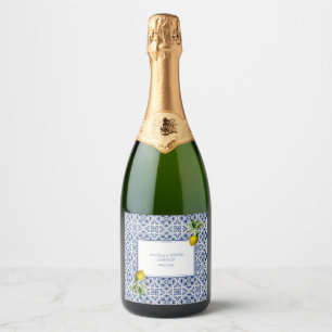 Amalfi Coast Lemon Blue Tiles Italy Wedding Sparkling Wine Label