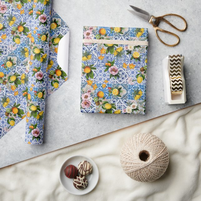 Amalfi Coast Lemon Bouquet Tiles Italy Wrapping Paper (Crafts)