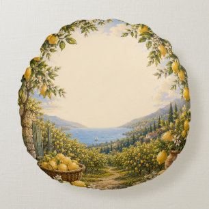 Amalfi Coast Lemon Grove Mediterranean Coastal Round Pillow
