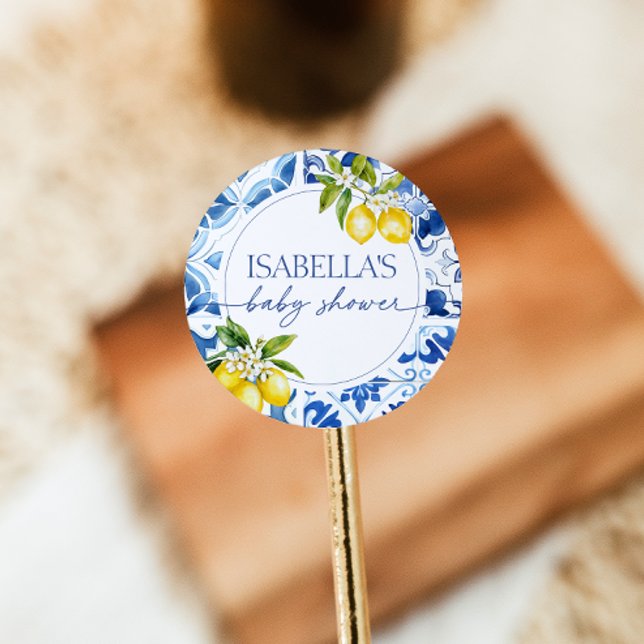 Amalfi Coast Lemon Mediterranean Baby Shower Classic Round Sticker (Creator Uploaded)