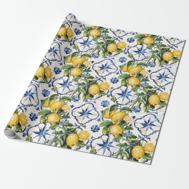 Amalfi Coast Lemons and Tiles Pattern Wrapping Paper (Unrolled)